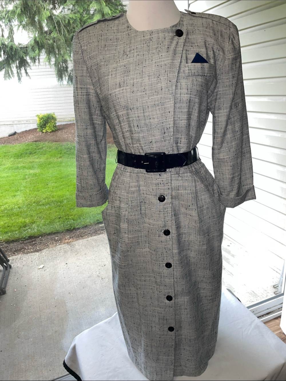 Women’s EUC VINTAGE MADE IN USA PERIWINKLE Sz 10 MIDI Tweed Dress Blk Accents - Picture 8 of 15